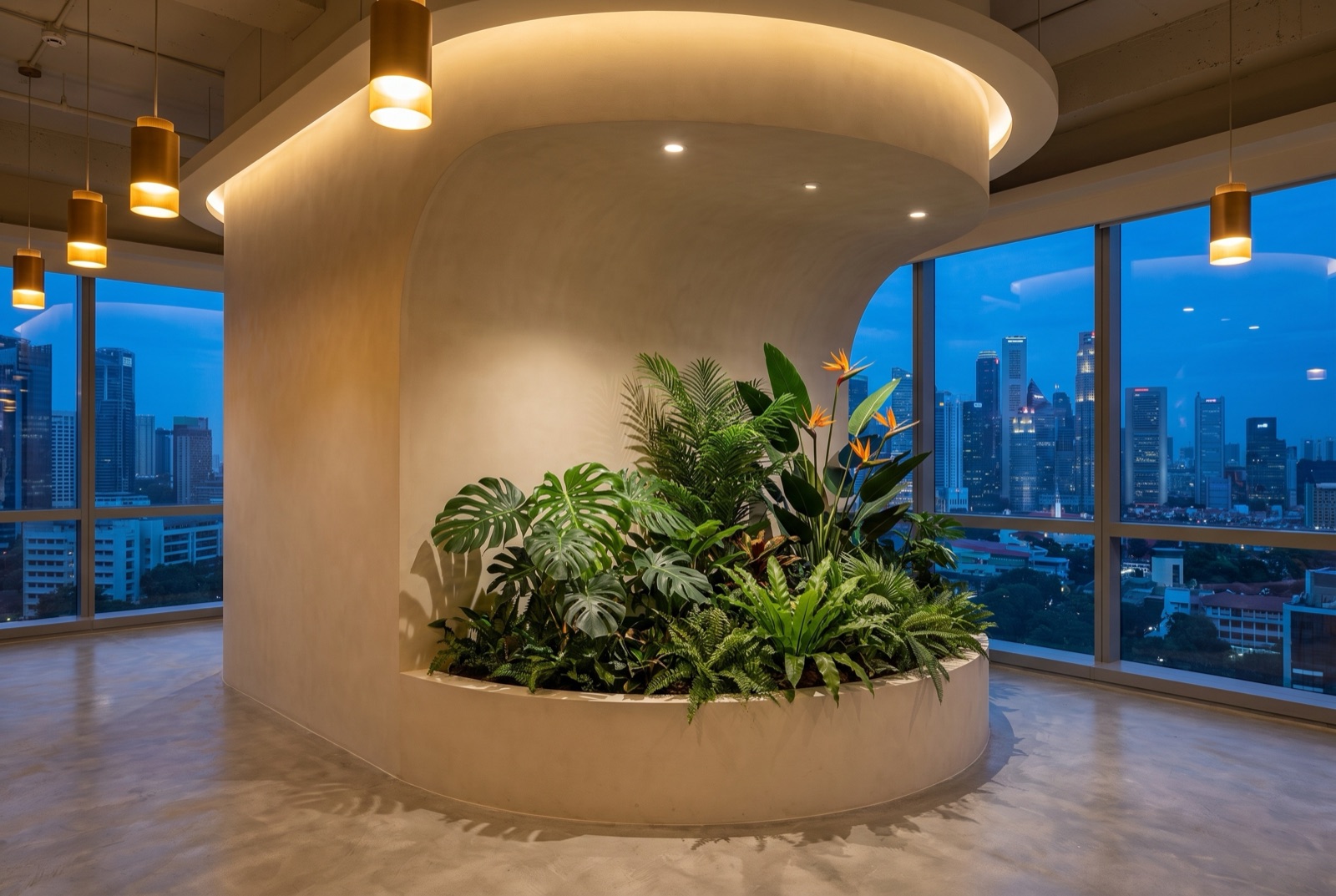 Singapore office interior mid fit-out at dusk with warm pendant lighting