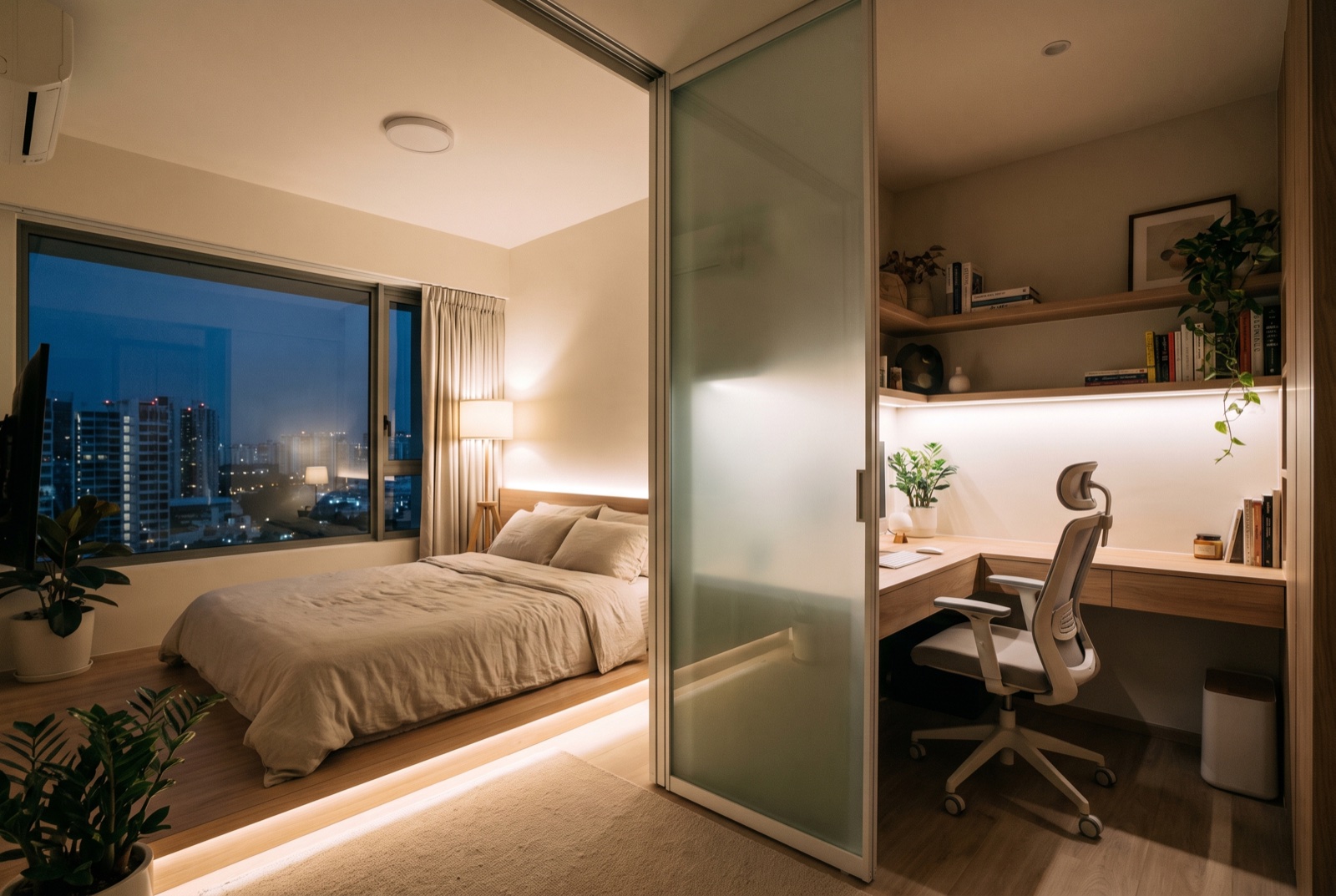 Condo bedroom with a frosted glass sliding partition installed by Maynard
