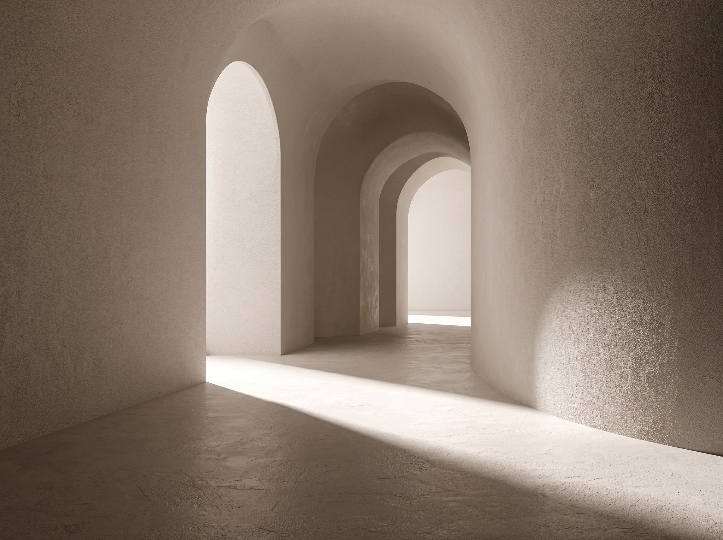 Sculptural plastered archway corridor with soft daylight, installed by Maynard