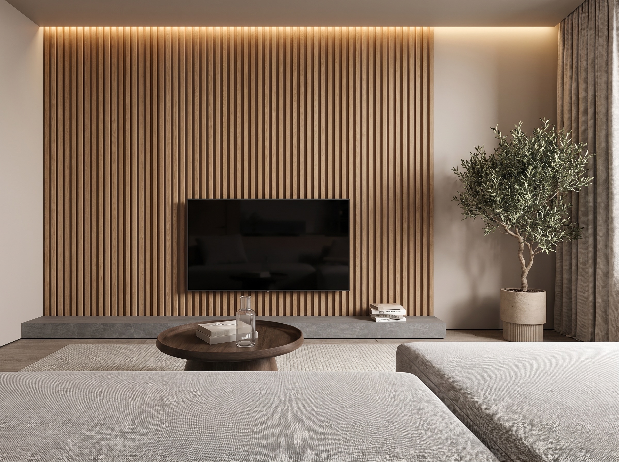 Living room feature wall with vertical wood slat panels and cove lighting, installed by Maynard